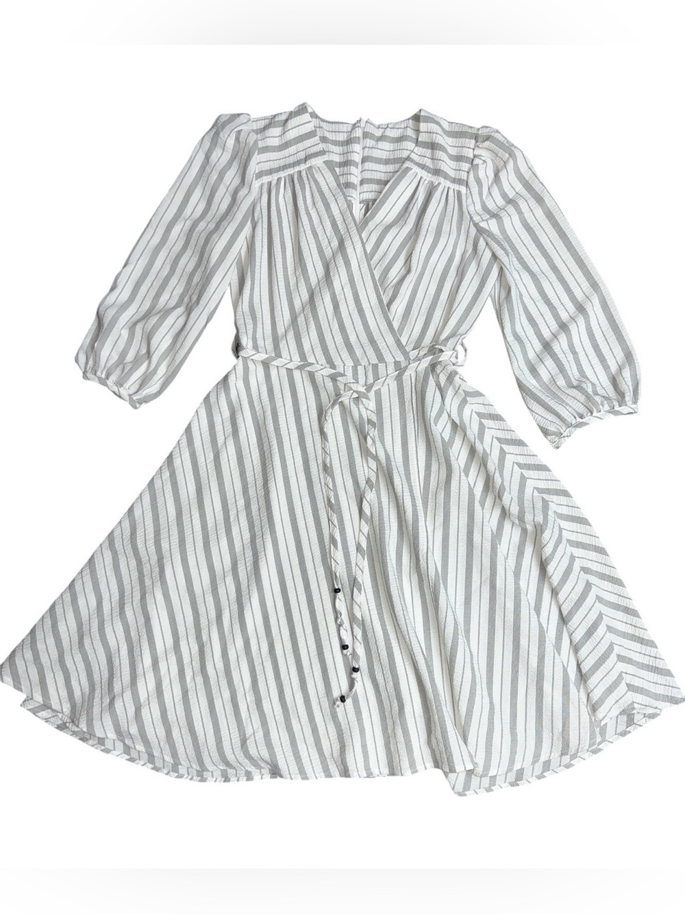 Calvin Klein Women’s Small Wrap Dress Striped White Gray Puff Sleeve Midi Boho